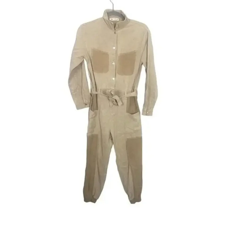 Zara Junior Cuffed Jumpsuit Belted Long Sleeve Pockets One piece 13-14 Tan Beige